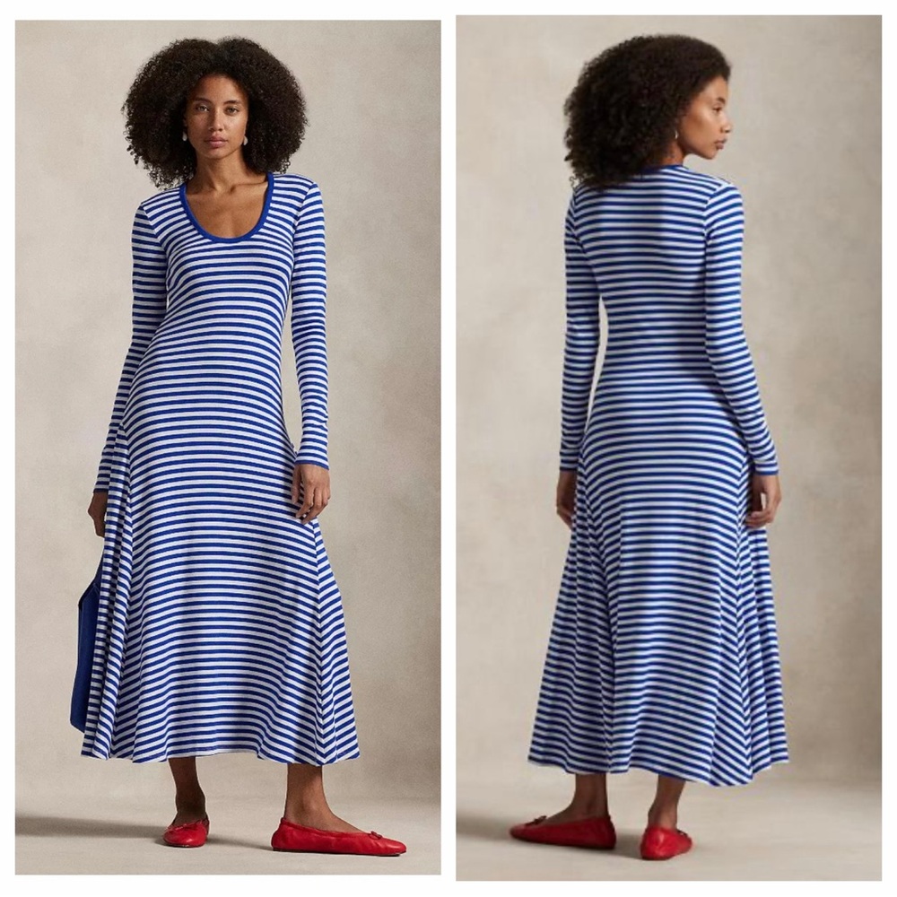 Polo by Ralph Lauren Blue and White Striped Long-Sleeve Maxi Dress